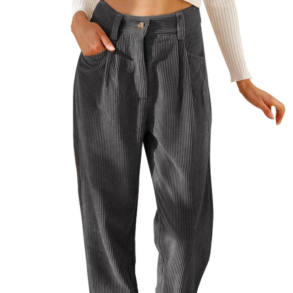 B057 Gray Corduroy High Waist Straight Leg Pants - Picture 1 of 3